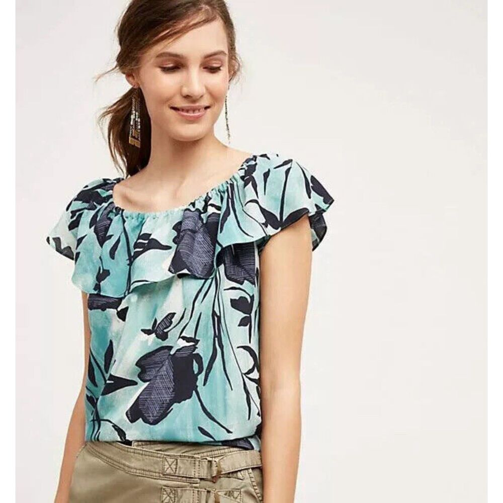 Maeve Anthropologie Islander Blue Tropical Floral Print Off the Shoulder Top M